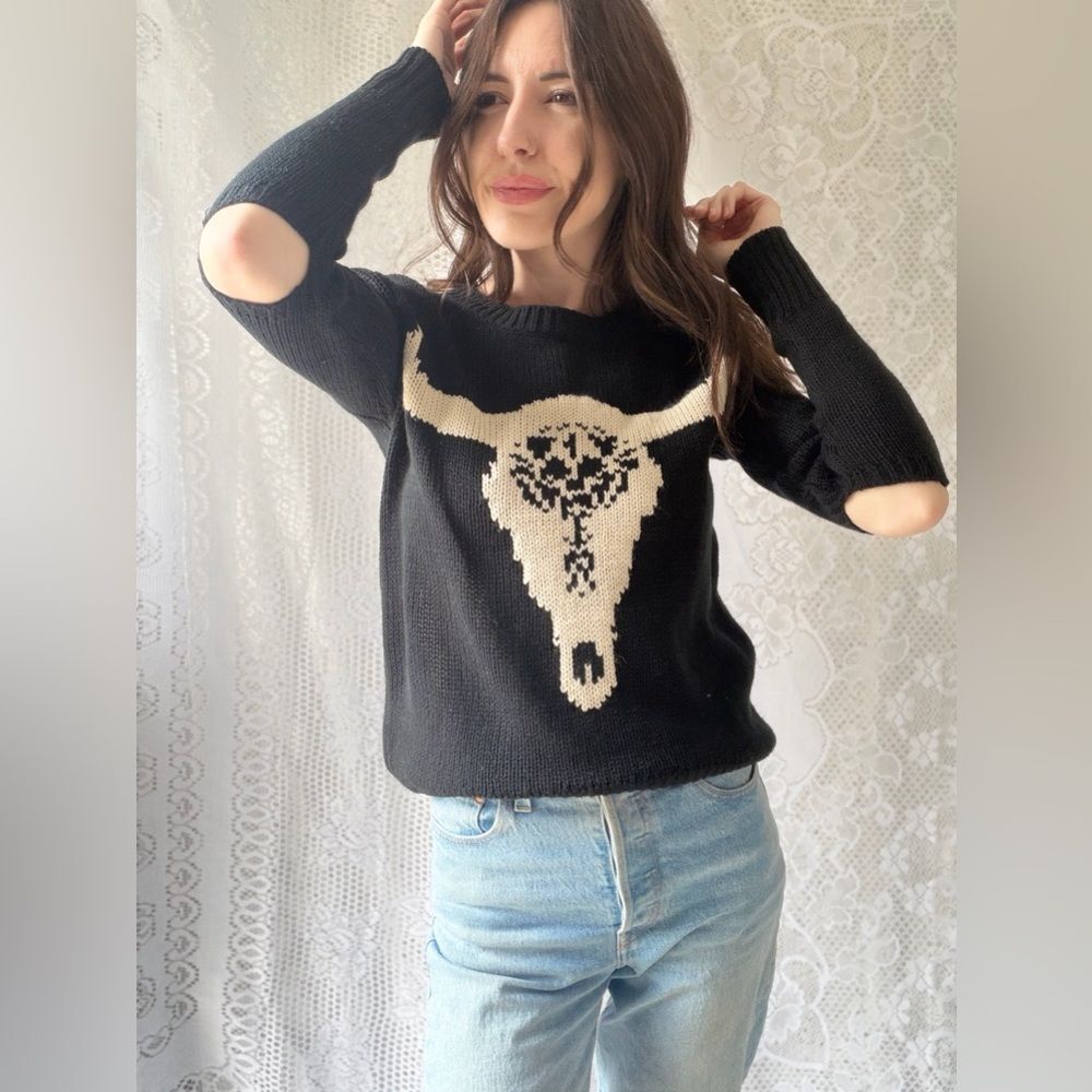 Western Bull Skull Sweater Desert Graphic Knit Pullover
